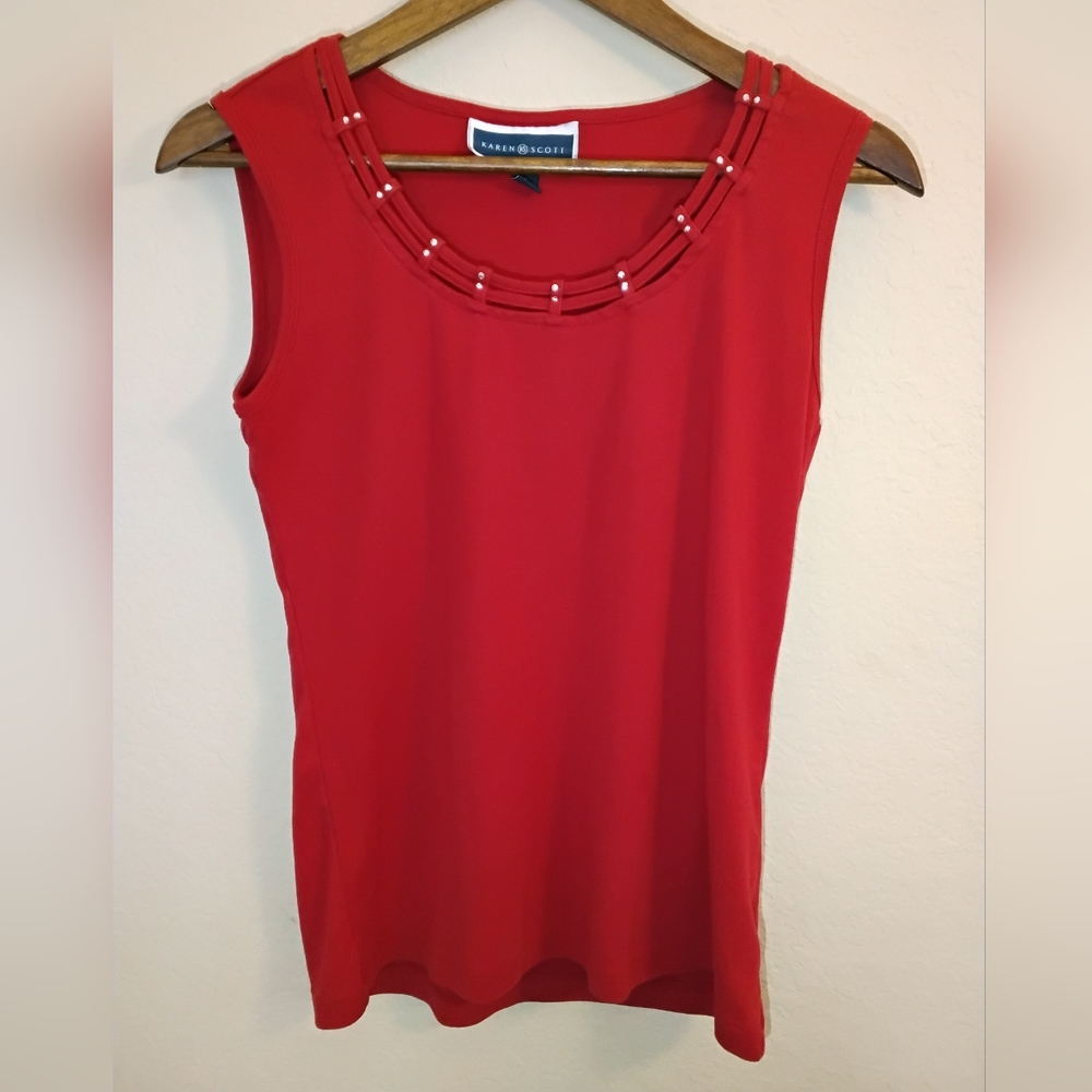 Karen Scott Sleeveless Blouse Womens Small Red Silver Sequin Studded Cage Neck